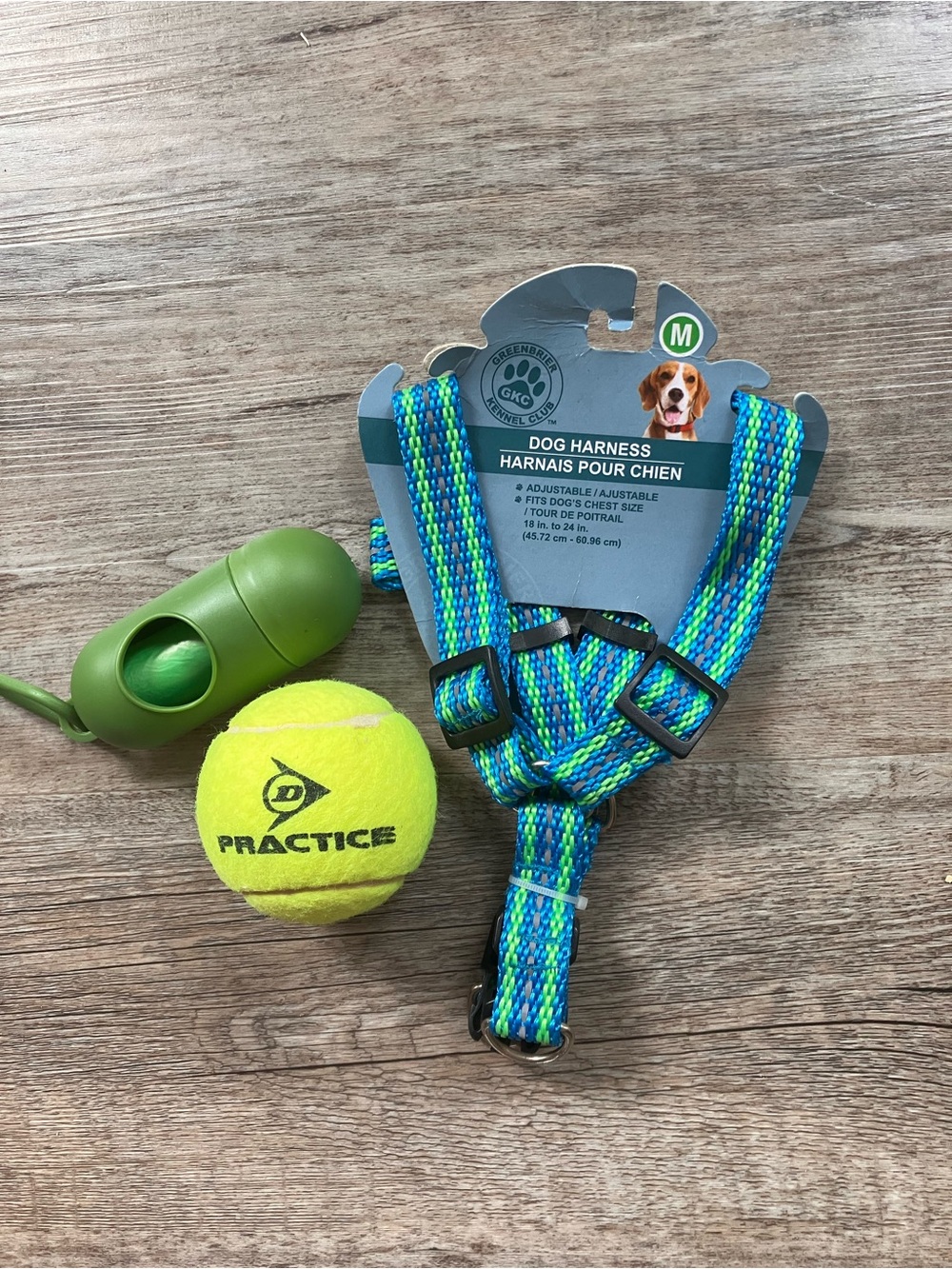 Greenbrier M Adjustable Dog Harness AND tennis ball with waste dispenser/bags